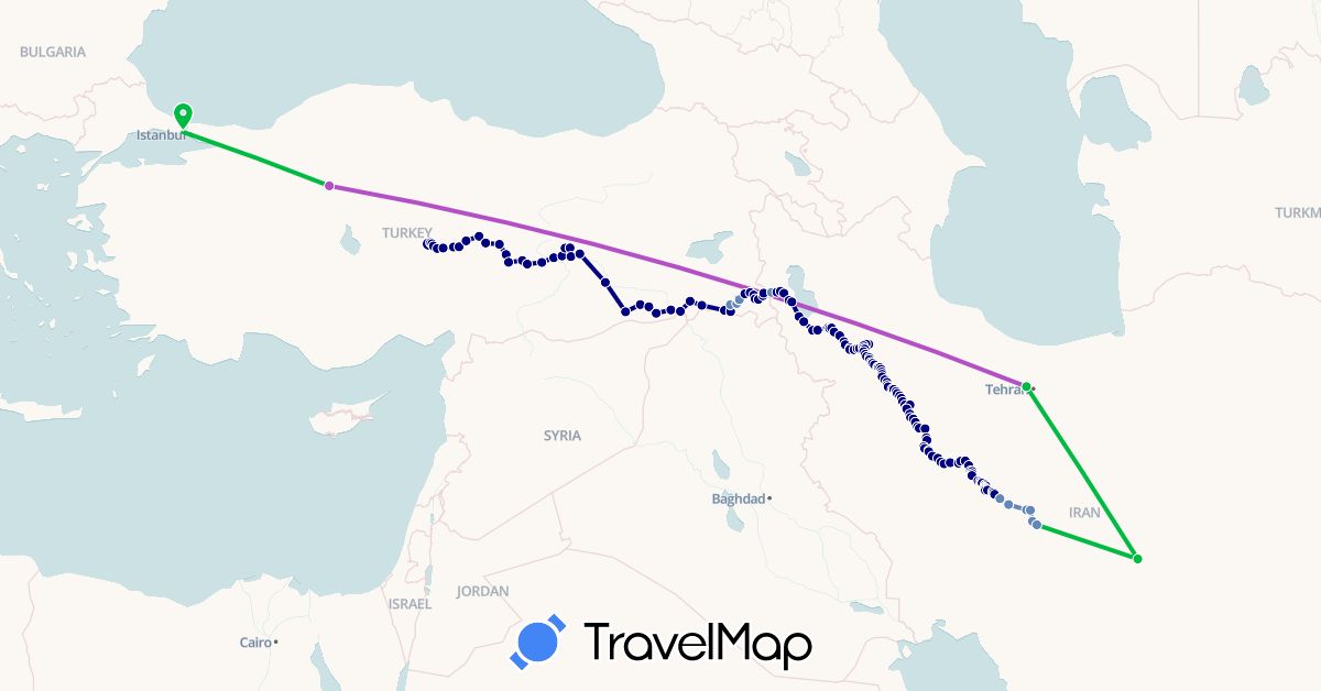 TravelMap itinerary: driving, bus, cycling, train in Iran, Turkey (Asia)