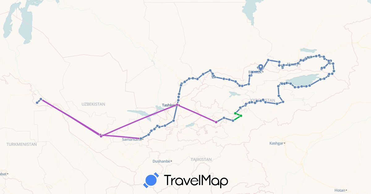 TravelMap itinerary: driving, bus, cycling, train in Kyrgyzstan, Kazakhstan, Uzbekistan (Asia)